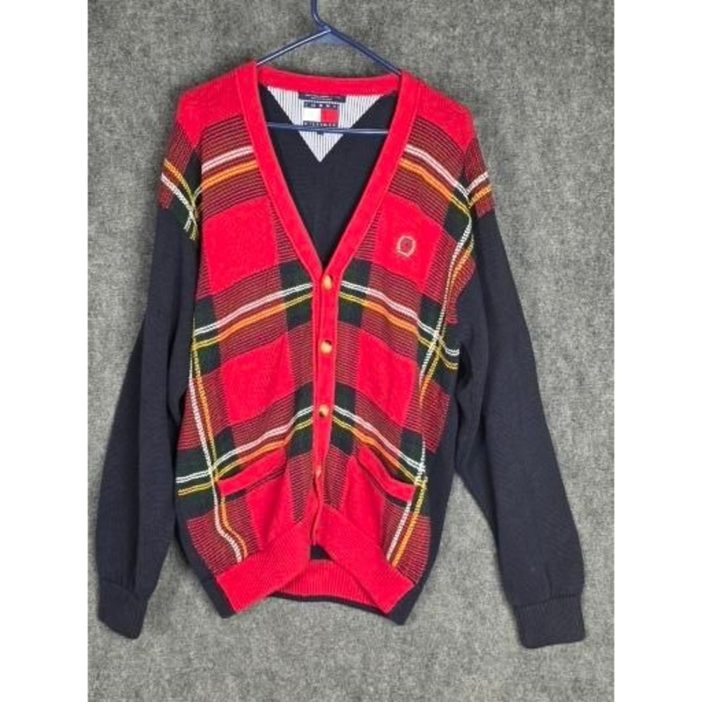 VTG Tommy Hilfiger Men's Plaid Cardigan Sweater Red Navy Cotton Sz L Preppy Work